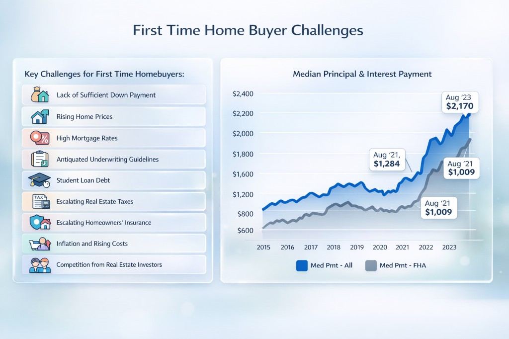 First Time Home Buyer Challenges infographic with key challenge list and median principal and interest payment chart